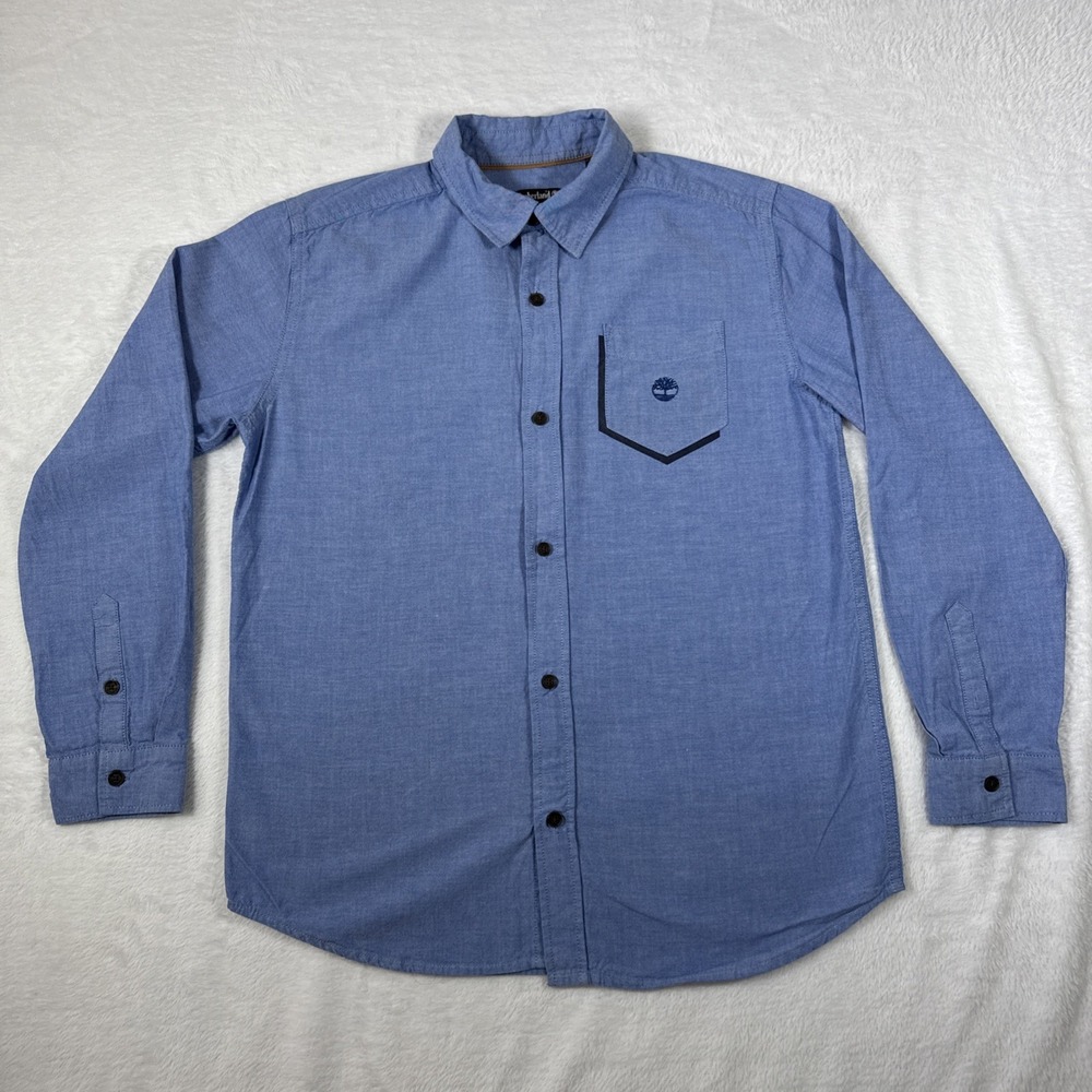 Timberland Boy's Large 14-16 Button Up Blue Chambray‎ Denim Embroidered Pocket